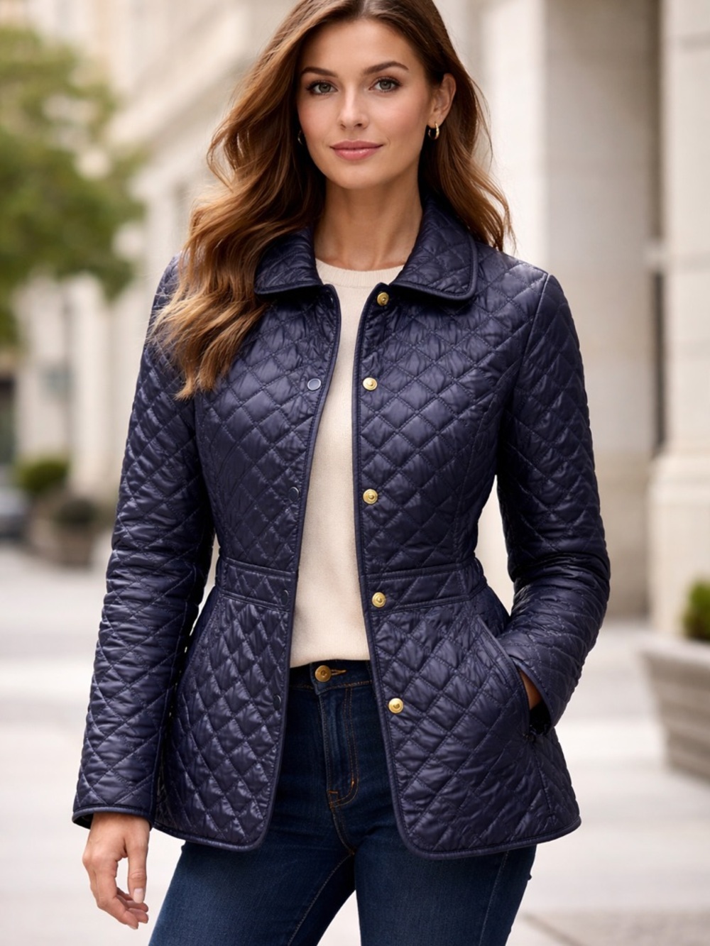 Lauren Ralph Lauren Navy Quilted Puffer Jacket with Gold-Tone Buttons NWOT Large